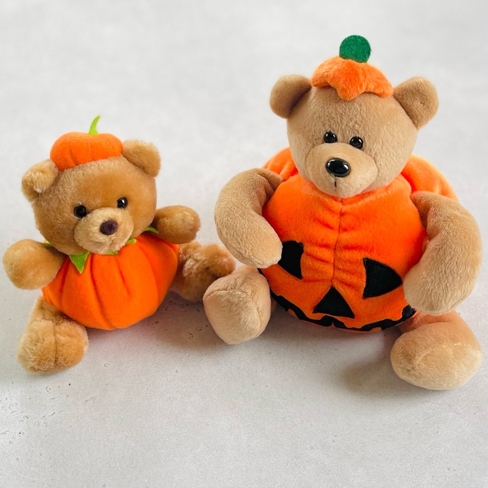 Set of 2 Vintage Cute Halloween Pumpkin Teddy Bear Stuffed Animals
